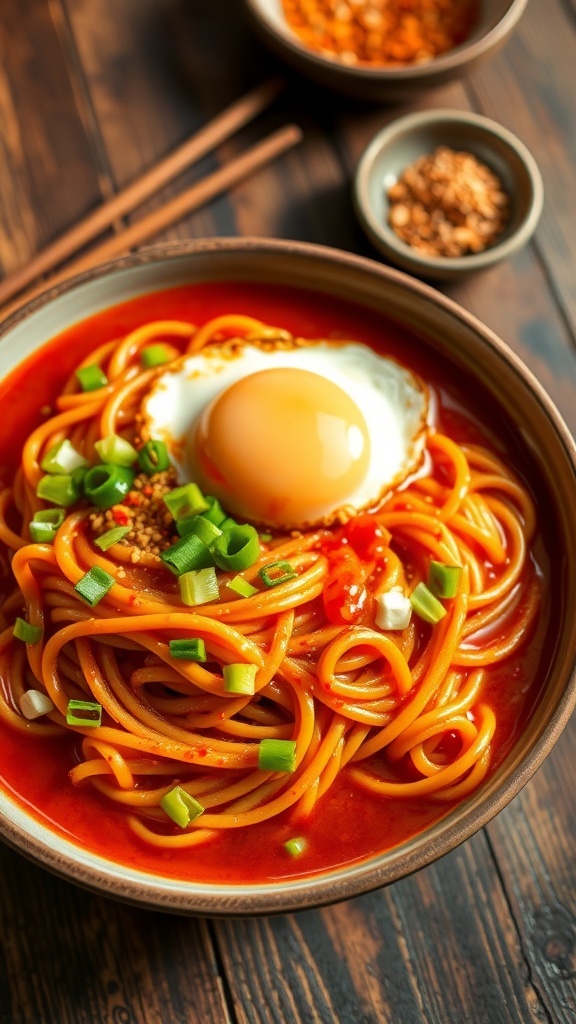 A bowl of spicy buldak noodles garnished with green onions and sesame seeds, topped with a fried egg, on a rustic table.